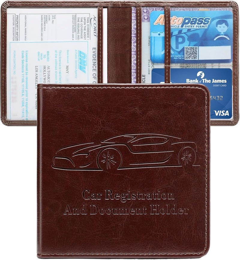 Peisicne Car Registration and Insurance Holder, Vehicle Glove Box Car Organizer with Magnetic Closure for Documents, Cards, License Car Organization, 1-Pack Dark Brown - Image 1